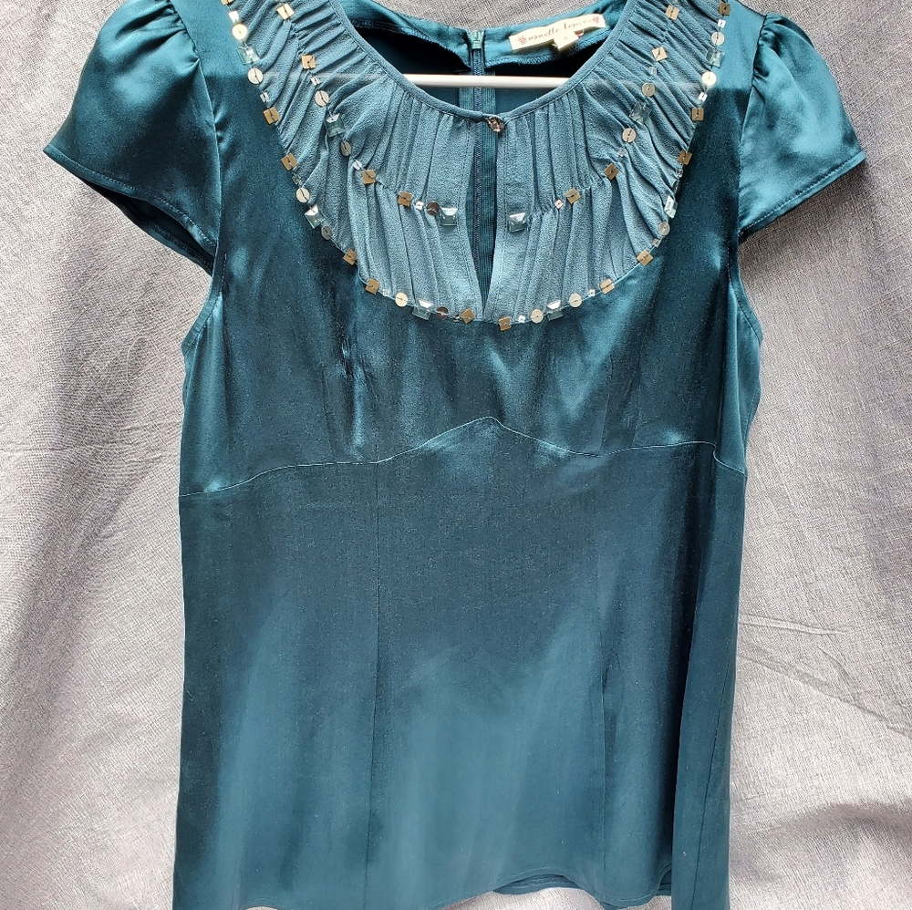 Nanette Lepore Satin Teal Blouse with Beaded Neckline